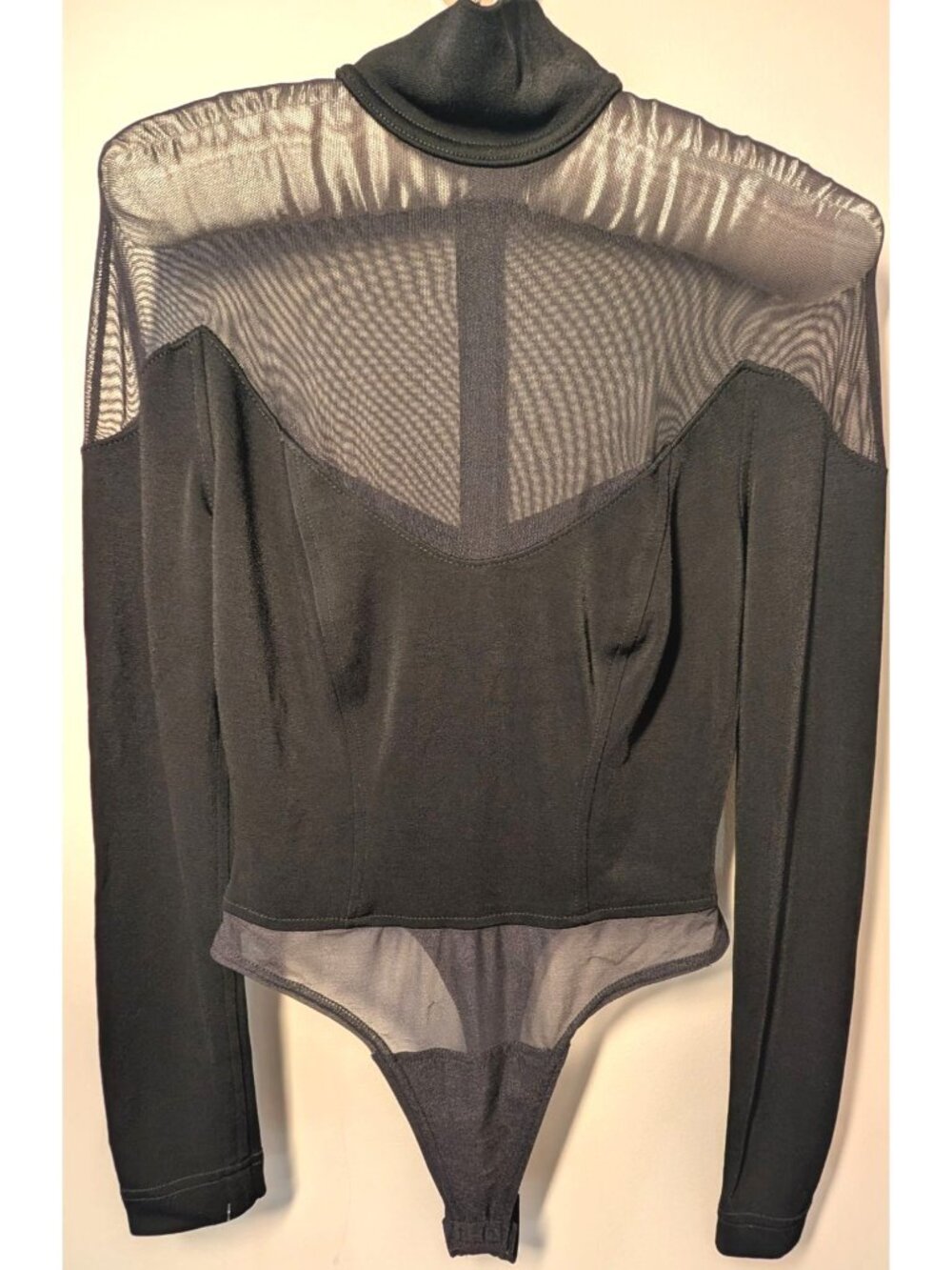 Vintage Tadashi Black Bustier Mesh Thong Bodysuit, Size Medium